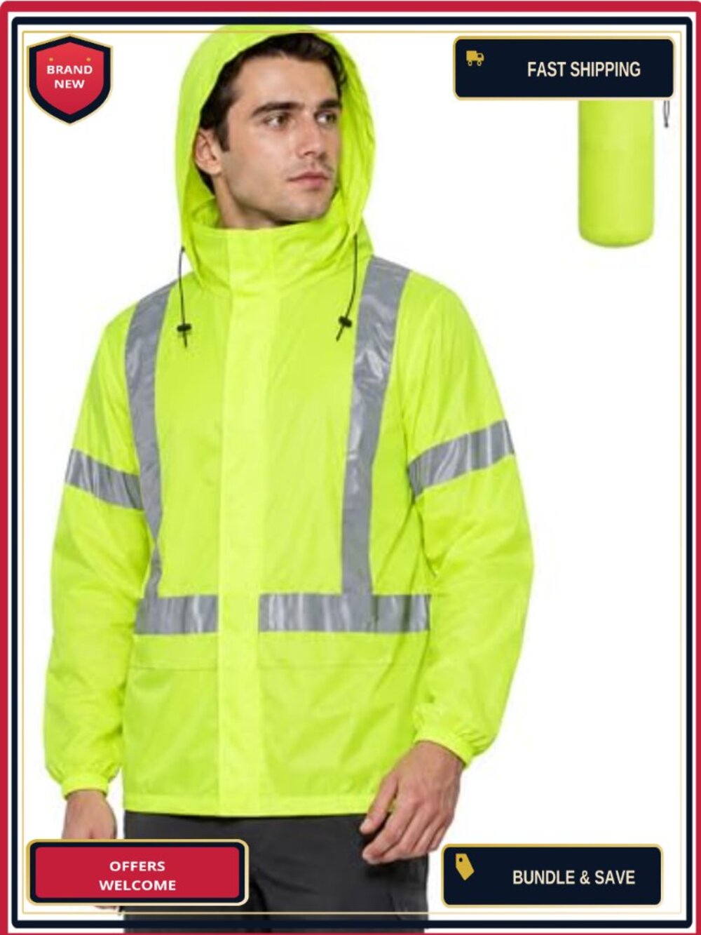 Packable Reflective Rain Jacket for Men Women Lightweight Waterproof Safety